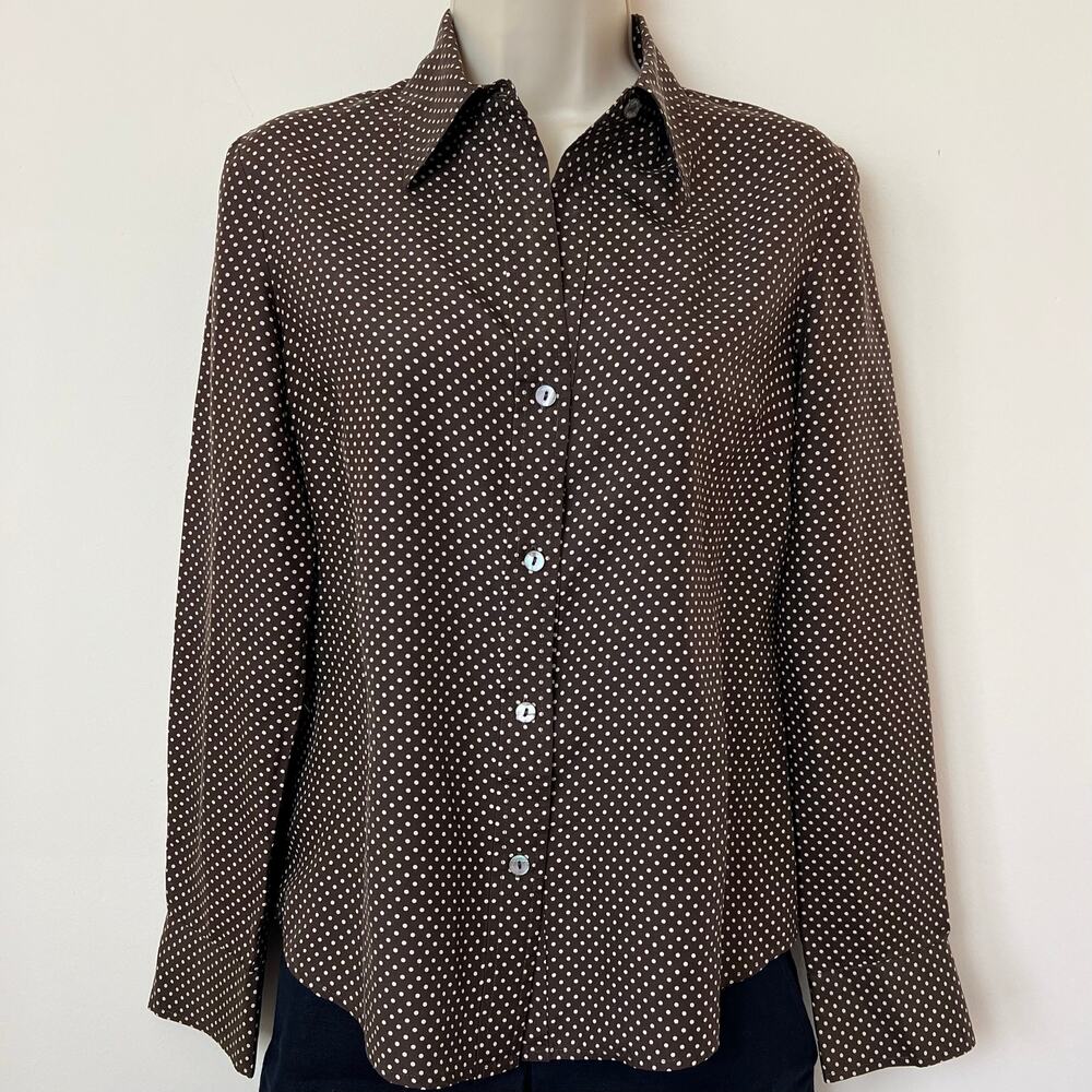 Laura Clement Chocolate Brown Polka Dot 100% Silk Button Up Shirt Long Sleeve 4